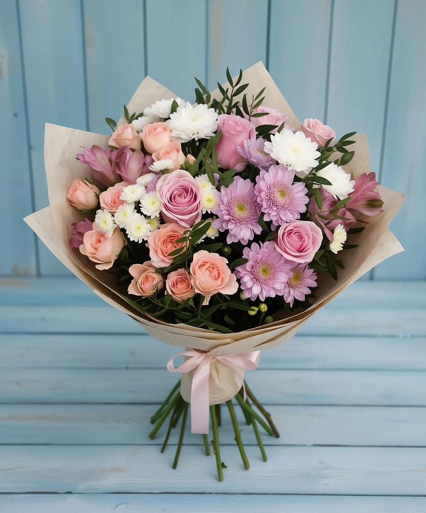 Букет цветов из: Хризантемы, Розы и Альстромерии в Восточный Тульская область