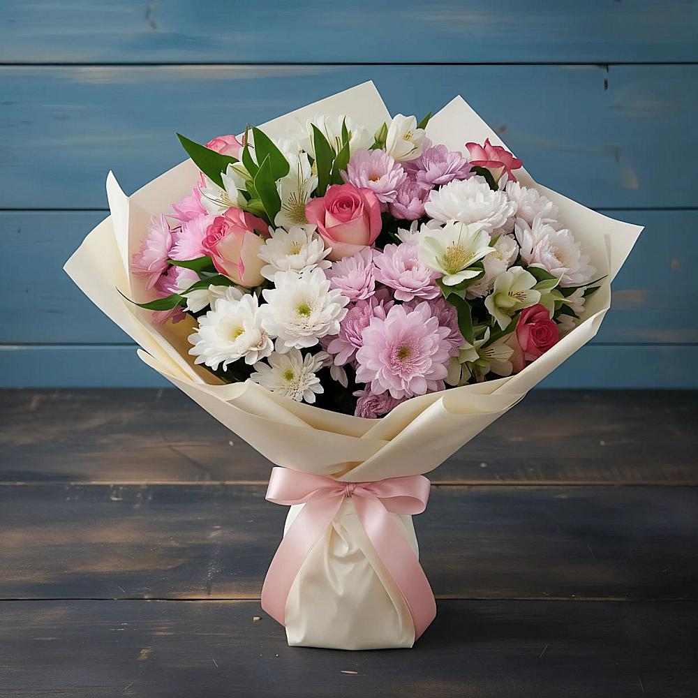 Букет цветов из: Хризантемы, Альстромерии и Розы в Восточный Тульская область